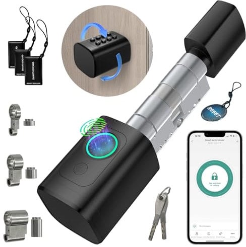 AVATTO Smart Türschloss mit Fingerabdruck und Passwort für 60-90mm Türen, SchließZylinder Länge ist einstellbar, mit Schlüssel, IC-Karte, Unterstützen Smart Life App Fernbedienung