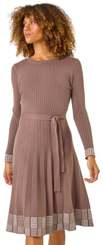 Roman Originals Ribbed Stretch Knit Border Print Dress for Women UK - Ladies Everyday Autumn Winter Round Neckline Comfy Soft Evening Vacation Work Party Night Out - Mink - Size 12