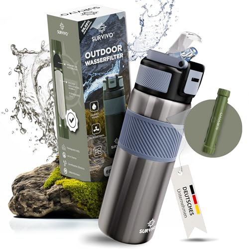 SURVIVO® Wasserfilter Outdoor Flasche [660ml] Trinkflasche aus Edelstahl mit entnehmbarem Filter, 4000l Filterkapazität, Camping, Wandern, Survival, Reisen – sicherste Ergänzung zur Outdoor Ausrüstung