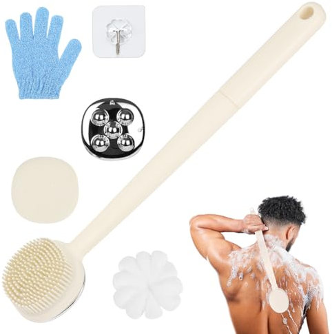 LOPHE 4 in 1 Back Scrubber for Shower, Long Handle Shower Back Scrubber with 3 Converters, Double Sided Body Brush Set, Shower Bath Wash Brush for Women Men Shower Spa Exfoliating Massage