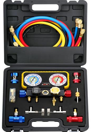 R1234YF R134A AC Gauge Set 4 Valve Manifold HVAC Gauges with Hoses Compatible with R1234YF R404a R134a System Air Conditioner Recharge Kit