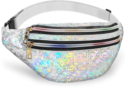 Eurtes Hüfttasche Damen, wasserdichte Gürteltasche mit 3 Reißverschluss-Fächern und Reflektierenden Details, Stylische Bauchtasche für Festival, Party, Sport, Reisen und 80er/90er (Silber)