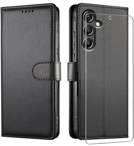 JUNETOP Funda para Samsung Galaxy A37/A36 5G con Cristal Templado, Negro | Carcasa Libro Tapa de Cuero Sintético