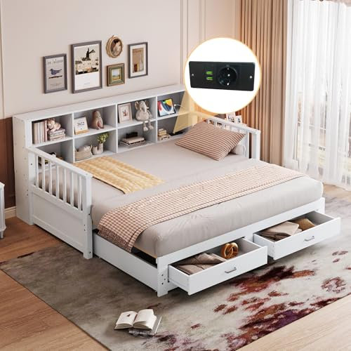 Dolamaní Ausziehbett gleiche höhe 90/180x190 cm, Schlafsofa mit Ablagefächer und Schubladen, Holz Kiefer Bett (Weiß)
