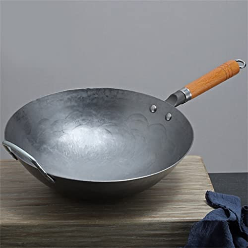 MQPALZKD Heavy Iron Wok Traditional Hand-Forged Cast Iron Wok Non-Stick Pan Non-Coating Gas Cooker Kitchen Cookware(34cm)