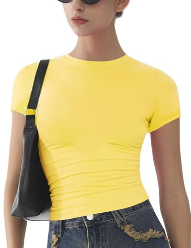 ARCFEETORY Donne di Base a Manica Corta Magliette Slim Fit Morbido Girocollo Crop Y2K t-Shirt Estate Elasticizzato Tops Carino Giallo Limone XS