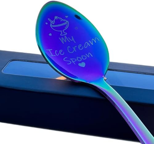 Engraved Teaspoon – “My Ice Cream Spoon” – 15cm Stainless Steel – Available in Silver, Blue, Rainbow or Purple – Fun Gift for Dessert Lovers – Luxury Gift Box Included – Ice Cream Spoon (Rainbow)