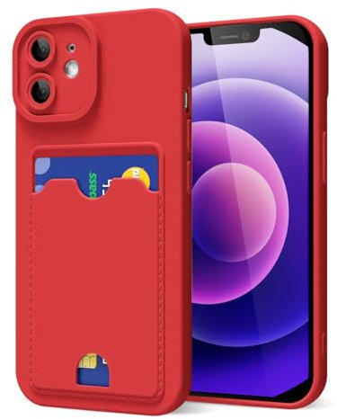 oakxco for iPhone 12 Mini Case with Card Holder, Cute Silicone Wallet Phone Case with Credit Card Slot, Soft Rubber Thin Slim Purse for Women Men with Shockproof Camera Cover Protection, Red