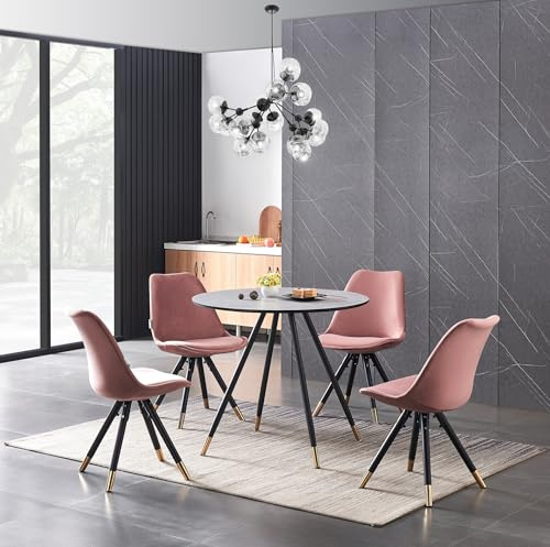 P&N Homewares Sofia Dorchester LUX Round Dining Table Set – Marble Effect Top, 4 Velvet Chairs – Scandinavian Style, Black Metal Legs with Gold Tips – Kitchen Dining Room Furniture