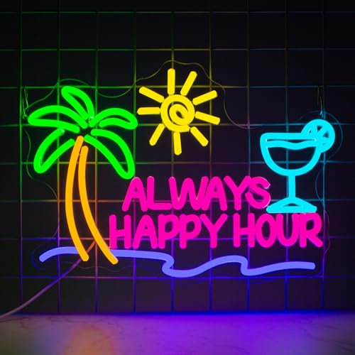 YSUIEC Always Happy Hour Neon Sign, Dimmables Beach Neon Signs for Wall Decor, Palm Tree Led Light Up Signs for Bedroom Bar Club Pub Man Cave Restaurant Party Decorations