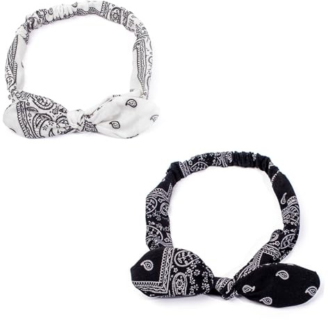 2 Stück Haarschleife Haarbänder, Boho Stirnbänder Damen, Elastische Stirnbänder, Bandana Knoten Kopfbedeckung Retro, Schleife und Gummizug, 90er Jahre Outfit Damen Accessoires (Weiß+Schwarz)