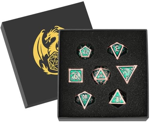 Set di Dadi in Metallo D&D, Modello del Drago, 7 pezzi Dadi Poliedrici in Metallo, Accessori per Giochi di Ruolo, Regali DND con Scatola Regalo, D20, D12, 2 D10 (00-90 e 0-9), D8, D6, D4, Rame + Verde