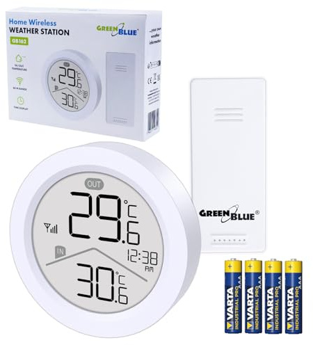GreenBlue GB162 Drahtlose Wetterstation mit Außensensor IP44 | Innen- und Außentemperatur | Min/Max-Speicher | Großes LCD-Display | Reichweite 60 m | Weiß