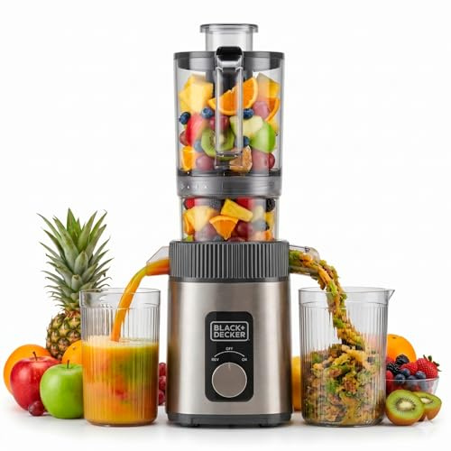 Black+Decker - Estrattore Succo Frutta/Verdura | Bocca 110 mm | Spremitura a freddo | Antiossidazione | 800 ml succo / 600 ml polpa | Funzione Reverse | Filtro lavabile in lavastoviglie | Antiscivolo
