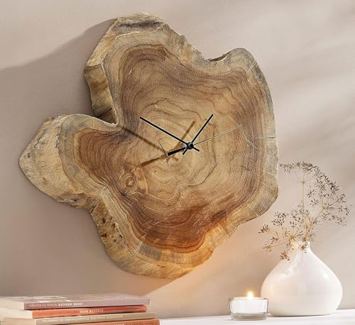 Wanduhr aus Teakholz mit Quarzuhrwerk, Ø 25–30 cm | Unikat aus Wurzelholz