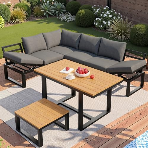Yrxin 6-teiliges Gartenlounge-Set ohne Armlehnen, mit Verstellbarer Rückenlehne, Ecksofa mit Tisch & Couchtisch, wetterfestes Stahlgestell, Outdoor Lounge für Balkon & Terrasse (Grau, 6-Personen)