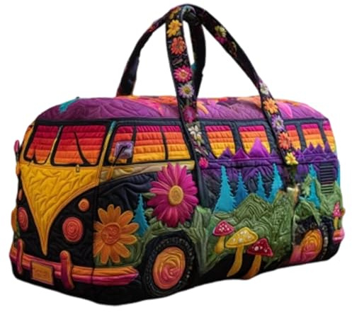 Hippibus Reisetasche Damen, Hippie Tasche VW Bus, Hippie Reisetasche Bus, Hippiebustasche Frauen Stickerei, Sommer Strand Duffle Bag Boho Wochenendtasche, Fashion Travel Bag Weekender, (45*22*22cm A)
