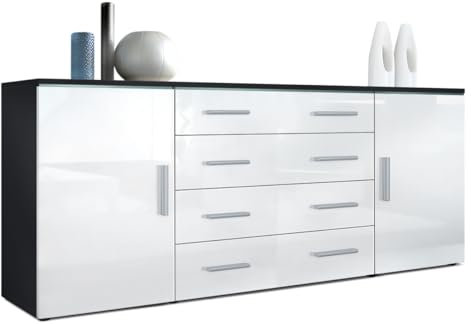 Vladon Sideboard Faro V2, Made in Germany, Kommode mit 2 Türen und 4 Schubladen, Schwarz matt/Weiß Hochglanz (166 x 72 x 35 cm)