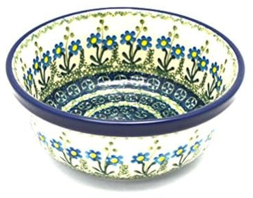 Polish Pottery Soup and Salad Bowl - Blue Spring Daisy