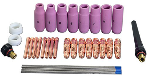RIVERWELD TIG Collet Bodies Alumina Nozzles Ceramic Cups 10N Series 2% Lanthanate Tungsten Electrodes WL20 Sky Blue Assorted Size Kit for PTA DB SR WP 17 18 26 TIG Welding Torch 36pcs