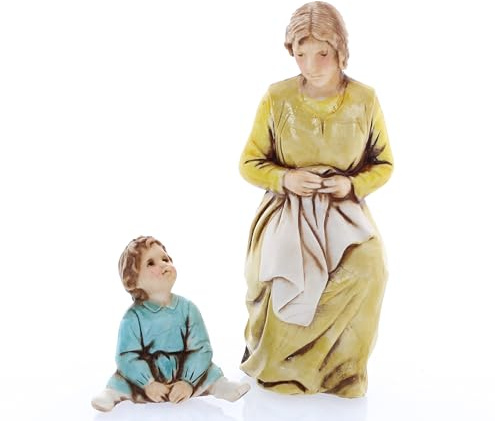Moranduzzo Frau, die flickt und Kind für Krippe 10 cm Maßstab 1:20 - Unzerstörbare Krippenfiguren - Stil 700', Handbemalt, Offizielles Produkt, Hergestellt in Italien, Bildhauer M. Landi