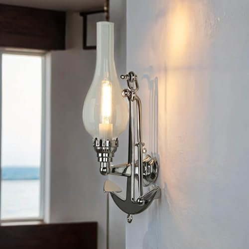 Nautische Wandleuchte Innen aus Echt-Messing massiv verchromt mit Anker H:32cm B:22cm E14 maritim für Schlafzimmer Flur Wohnzimmer Wandlampe Bad