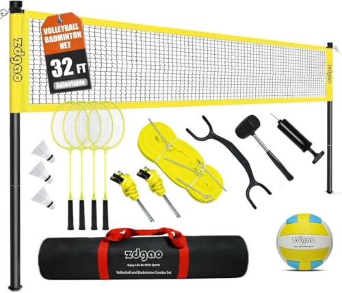 Zdgao Badminton & Volleyball Combo Set - Professionelles Volleyballnetz für Rasen, Hinterhof, einfach aufzubauen Volleyball-Set mit Tragetasche, Begrenzungslinie für Familienspaß
