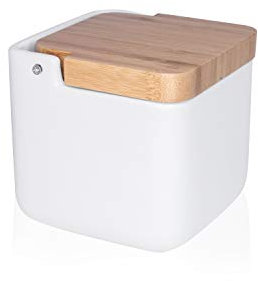 KOOK TIME salero de cocina con tapa de madera de bambú basculante. - Salero blanco de cocina moderno con base de cerámica para usar como salero y azucarero o especieros, 11.2 x 11.2 x 11.2 cm.