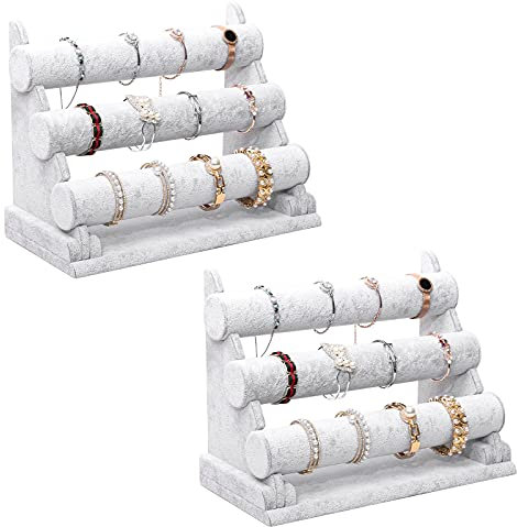POLMART 2 Pcs Velours Présentoir Bracelet, Porte Bijoux, 3 Barres Rangement Bijoux, Gris