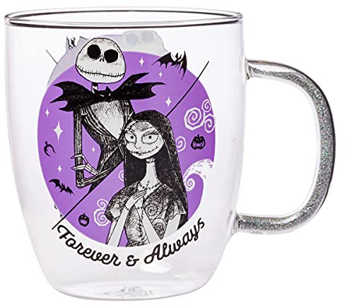 Silver Buffalo Disney Nightmare Before Christmas Forever and Always Glitter Handle Glass Mug, 14 Ounces