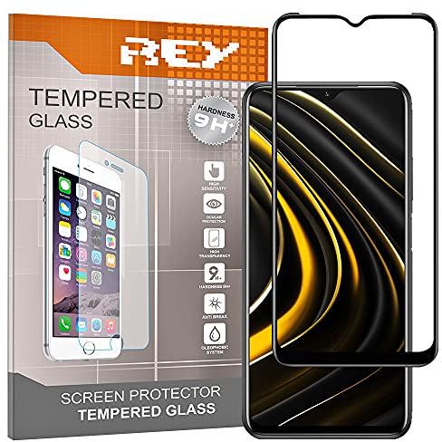 REY Protector de Pantalla Curvo para XIAOMI Poco M3, Negro, Cristal Vidrio Templado Premium, 3D / 4D / 5D, Anti Roturas