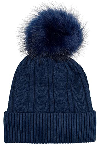 styleBREAKER Damen Feinstrick Bommelmütze mit Zopfmuster, Kunstfell Bommel Mütze, gefütterte Winter Strickmütze 04024100, Farbe:Dunkelblau