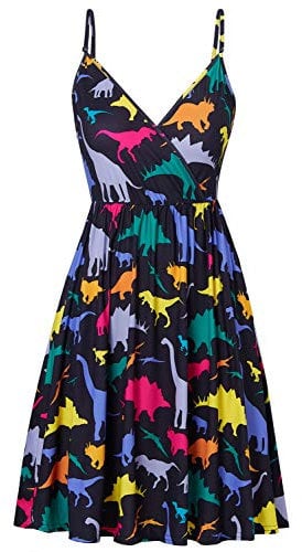Womens Sleeveless Summer Dress Women Dinosaur Printed V Neck Swing Midi Sundress Girls Vintage Casual A Line Tunic Dresses for Beach Holiday with Pocket XL