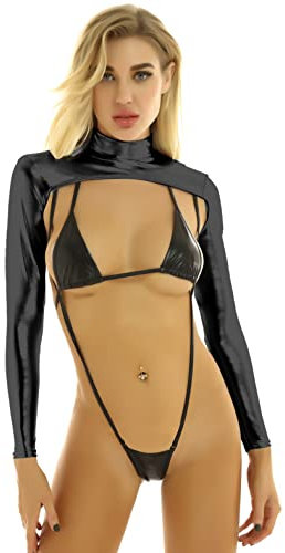 FEESHOW Frauen Metallic Bolero Jacke Glitzer Langarm Schulterjacke Shrug Top Bauchfrei Party Tanz Outfit Clubwear Schwarz_B Einheitsgröße