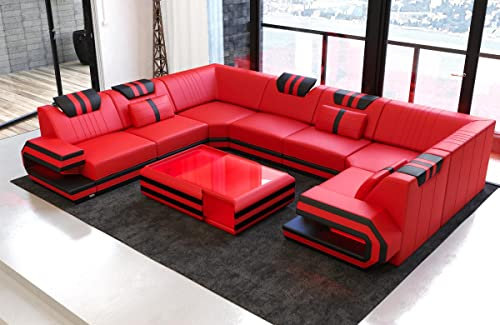 Sofa Wohnlandschaft Ragusa Ledersofa U Form - mit LED Beleuchtung, verstellbare Kopfstützen/Lederfarben wählbar/Ausrichtung wählbar (Lange Seite links, Rot-Schwarz)