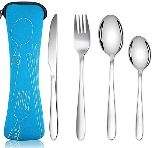 Acehome Cutlery Set with Portable Pouch Case, Stainless Steel Flatware Camping Utensil Set with Neoprene Bag for Outdoor Travel Picnic Office School Lunch Box (Sky Blue)