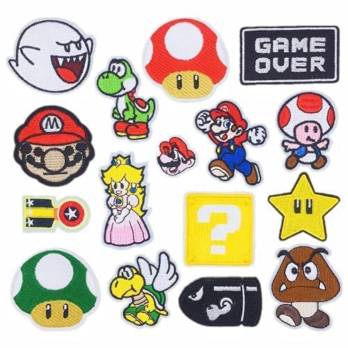 16Pcs Mario-Aufnäher zum Aufbügeln,Flicken zum Aufbügeln,Patches zum Aufbügeln,Jeansflicken Draufbügeln,Bügelbilder für Textilien Kinder,Mario Bros Videospiele Bestickt,Aufnäher für Kleidung
