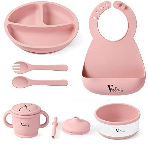 Vajilla bebe silicona - Vajilla infantil - Set 6 piezas: Plato ventosa bebe - Cuchara bebe y tenedor - Vaso silicona bebe con pajita antiahogo - Cuenco y Babero. Libre de BPA para bebes (Rosa)