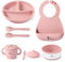 Vajilla bebe silicona - Vajilla infantil - Set 6 piezas: Plato ventosa bebe - Cuchara bebe y tenedor - Vaso silicona bebe con pajita antiahogo - Cuenco y Babero. Libre de BPA para bebes (Rosa)