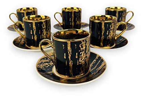 Medusa - Tazzine da caffè in oro, 12 cucchiaini per 6 persone, tazze + piattini, 60 ml, stile meandro, con confezione regalo