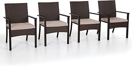 PHI VILLA Gartenstühle Wetterfest 4er Set Rattan Balkonstuhl mit Armlehne, Rattan bedeckt Metall Gartensessel mit abnehmbarem Kissen für Patio, Deck, Veranda, Yard
