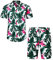 J.VER Herren Hawaiihemd Flamingo Floral Kurzarmhemd und Shorts Sommer Beach Freizeithemden Funky Party Outfit Hawaii Hemd Männer Faltenfrei Urlaub Hemd Set,Grün Flamingo,XL