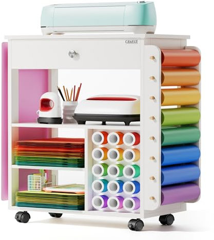 Crafit Craft Storage Compatible with Cricut, Craft Table with Vinyl Roll Holder Crafting Storage Cabinet Tool Holder Trolley on Wheels for Craft Room Home Office (Patented)
