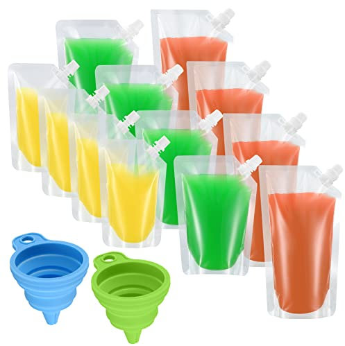 12 Pcs Drinks Pouches for Festivals, Reusable Plastic Drinks Flasks, Liquor Flasks with Spout, Juice Drinking Pouches Bags with 2 Pcs Funnels for Festivals Party Beverage - 250ml/350ml/500ml