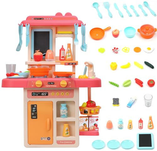 EVERGD Kitchen Playset Role Playing Game Small Kitchen Toy Play Set with Light and Sound 24 Accessories Included Best Gift for Boys Girls (Pink-42 Accessories)