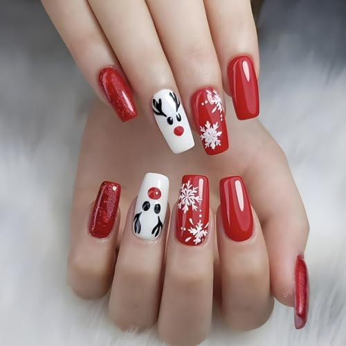 Ceboic 24Pcs Christmas Coffin False Nails Medium Length, French Stick on Nails with Cute Elk and Winter Snowflake Design, Glossy Acrylic Full Cover Fake Nails Reusable Glue on Nails for Women Girls