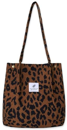 Bikasun Groß Umhängetasche Damen Cord Schultertasche Strandtasche Cord Tasche Crossbody Tasche Shopper Tote Bag Einkaufstasche Handtasche Shopper für Arbeit Einkaufen Schule Leopardenmuster