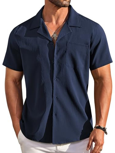 COOFANDY Mens Shirts Short Sleeve Button Down Shirt Regular Fit Summer Holiday Tops Navy XXL