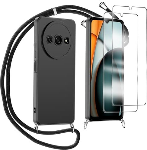MQERYBV for Xiaomi Redmi A3 case, with Tempered Glass Screen Protector, Necklace Cord Strap Silicone Protective Shockproof Phone Case for Xiaomi Redmi A3, Black
