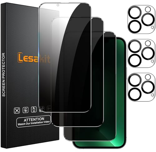 Lesakit 3+3 Pack Privacy Displayschutzfolie für iPhone 13 Pro Max 6,7 Zoll mit 3 Pack Kameraobjektivschutz, Anti-Spionage Panzerglasfolie, 9H Härte, blasenfrei, hüllenfreundlich